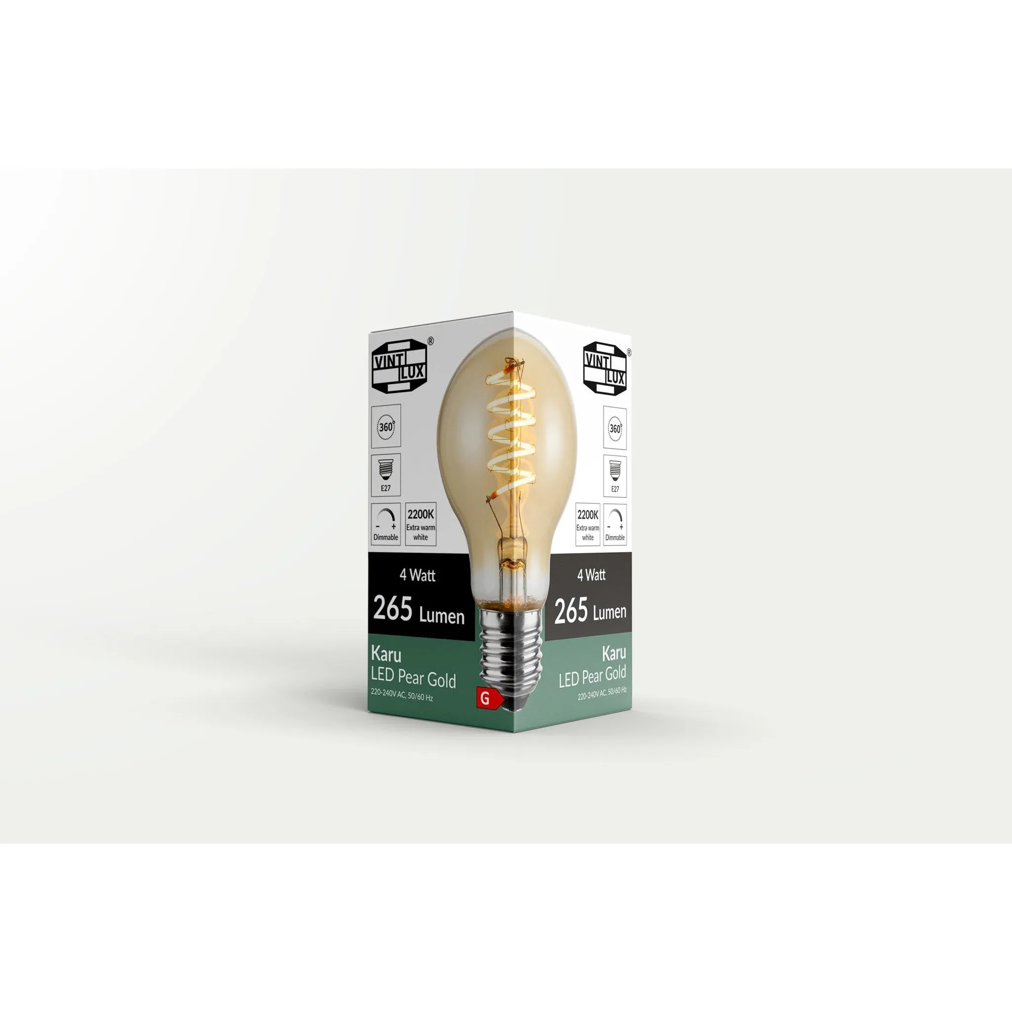 Vintlux E27 Dimmable LED Filament Lamp 4W A60 265lm 2200K Karu Pear Gold