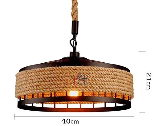 VRCT Hanging Lamp Vintage Hemp Rope Pendant Lamp Ceiling Lamp, Retro Industrial Iron Vintage Loft Ceiling Light Chandelier Rustic Hemp Rope Candlestick Pendant Lamp, Black, Round